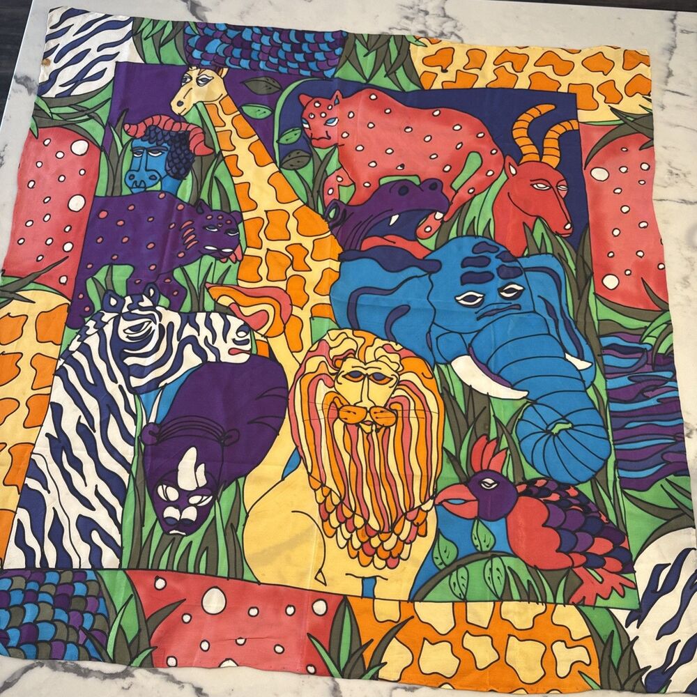 Vintage Silk Scapes Hand Painted Scarf Woman's Bold Colorful Animals 34" Square